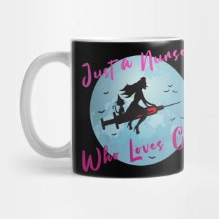 Halloween Nurse Flying With A Syringe In The Sky with cat Mug